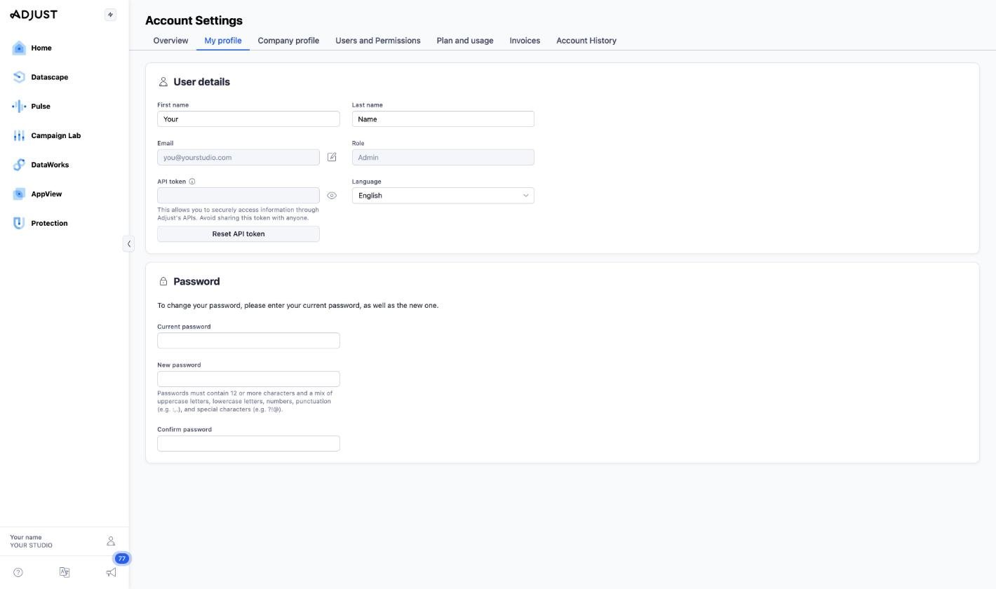 Adjust Account Settings, My profile: the API token field with the eye button and Reset API token.
