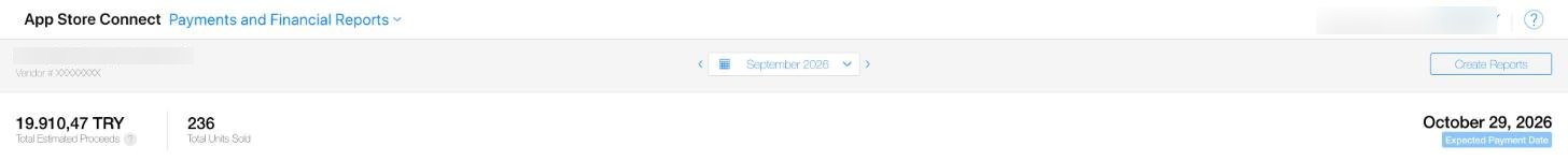 App Store Connect, Payments and Financial Reports: the header with the vendor number.