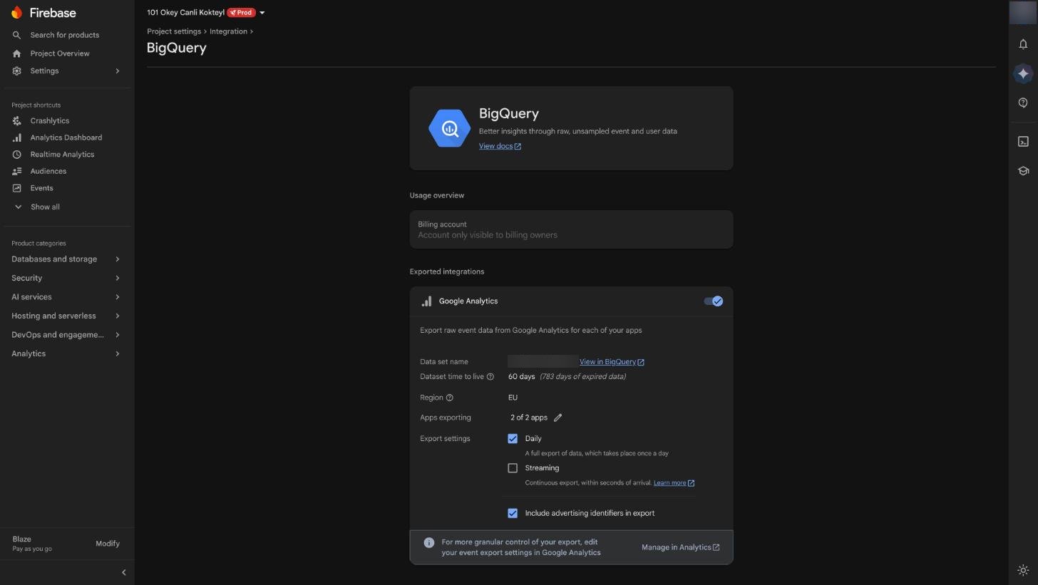 Firebase, Project settings → Integrations → BigQuery: the Google Analytics export turned on, with Daily checked.