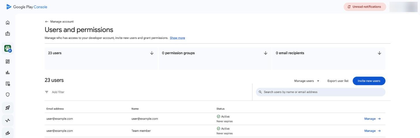 Play Console, Users and permissions, with the Invite new users button.