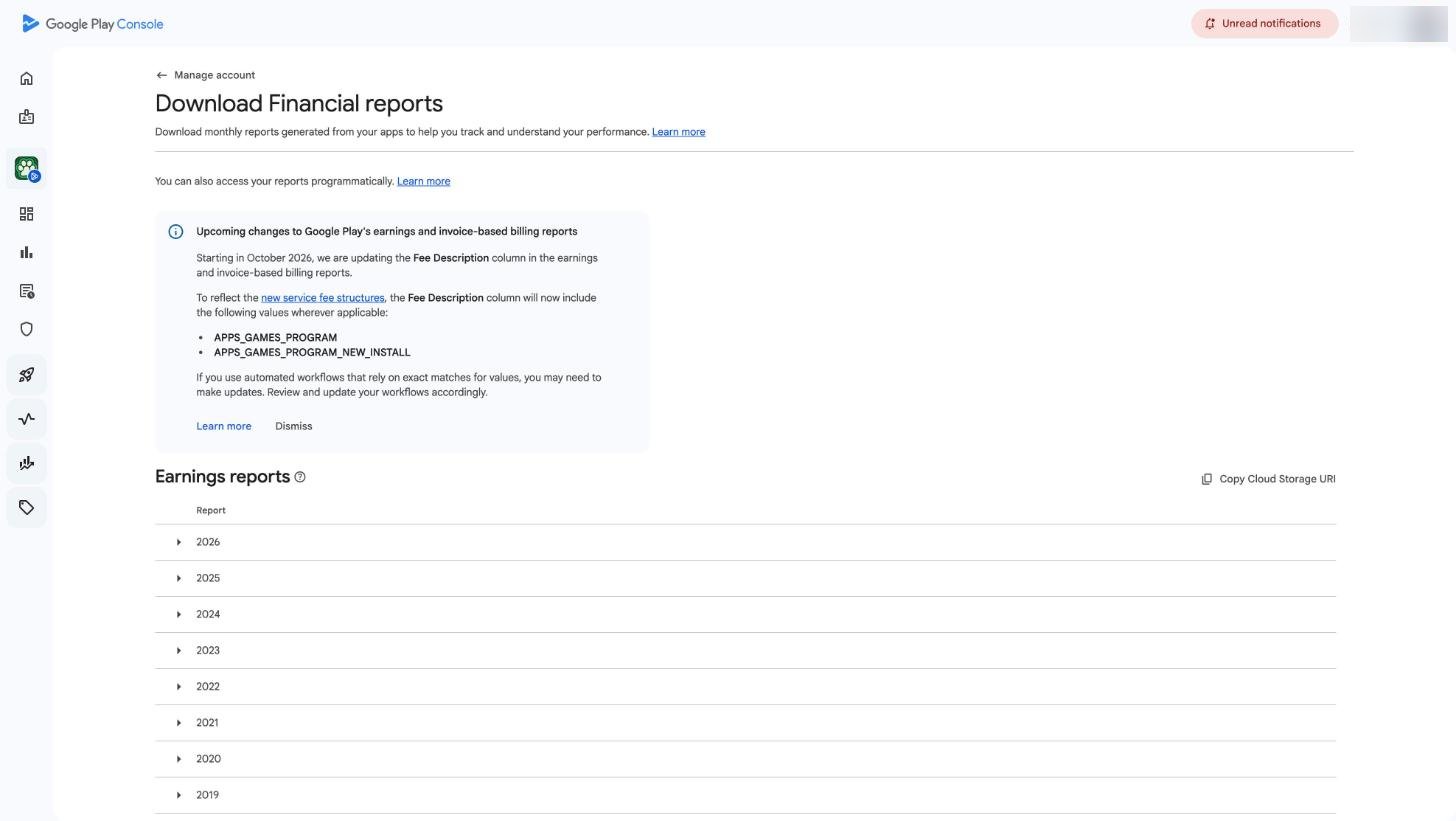 Play Console, Download Financial reports: Copy Cloud Storage URI next to Earnings reports.