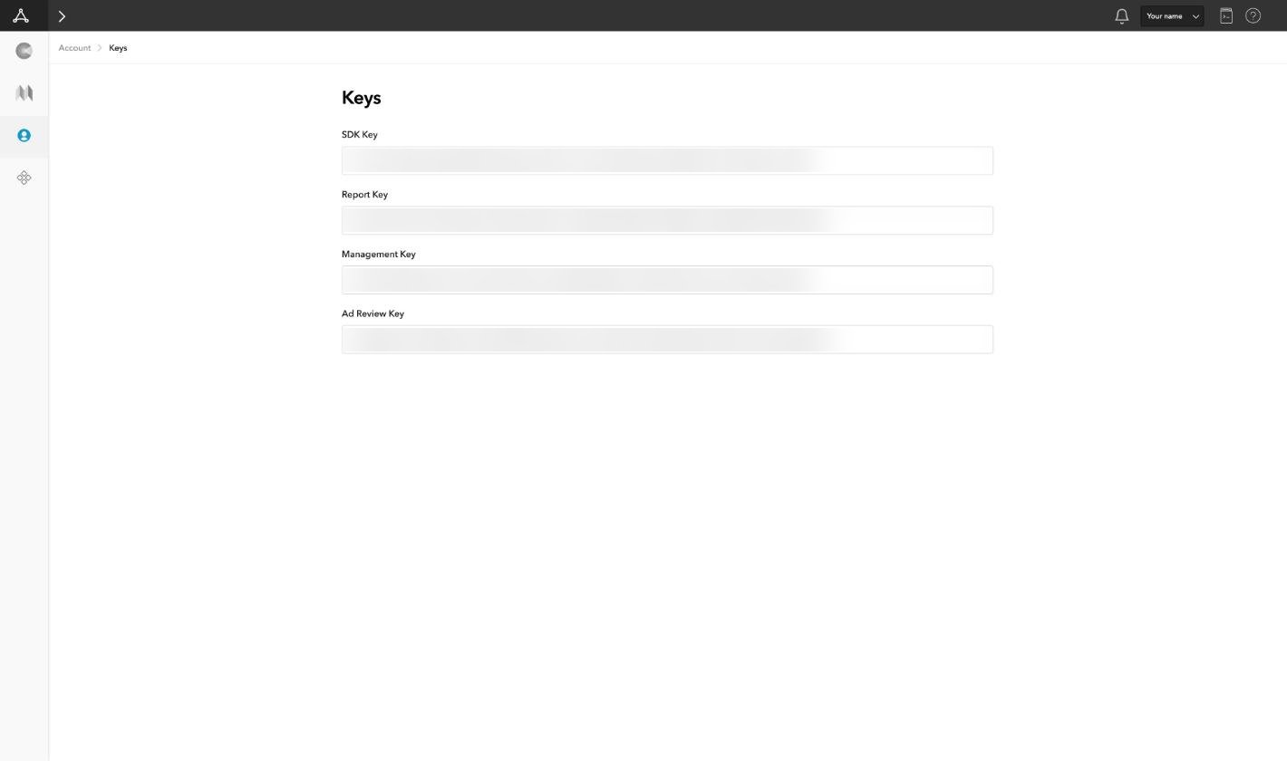 AppLovin dashboard, Account → Keys: SDK Key, Report Key, Management Key and Ad Review Key, values hidden.